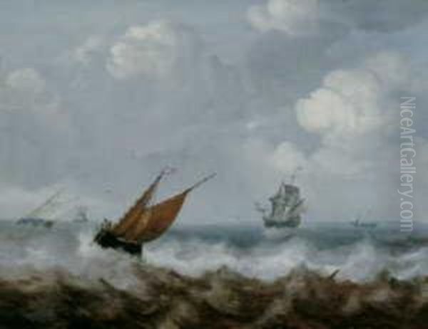 Segelschiffe In Sturmischer See Oil Painting by Julius Porcellis