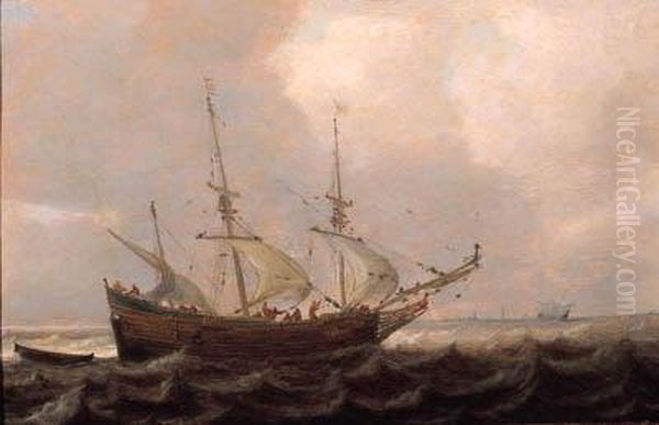 A Threemaster Offshore In A Stiff Breeze, On A Cloudy Day Oil Painting by Julius Porcellis