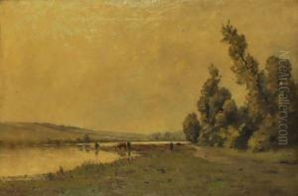 Vaches En Bord De Riviere Oil Painting by Charles Albert Porcher