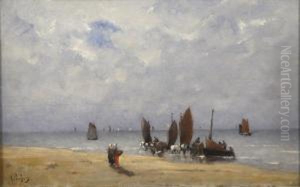 Debarquement Du Poisson Sur La Plage Oil Painting by Charles Albert Porcher