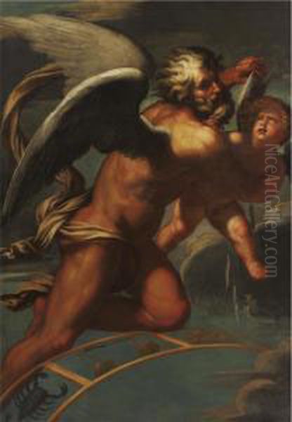 Time Plucking The Wings Of Eros Oil Painting by Giov. Ant.De'Sacchis Pordenone