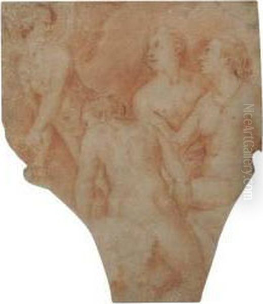 Mythological Scene With Three Nudes And A Wingedfigure Oil Painting by Giov. Ant.De'Sacchis Pordenone