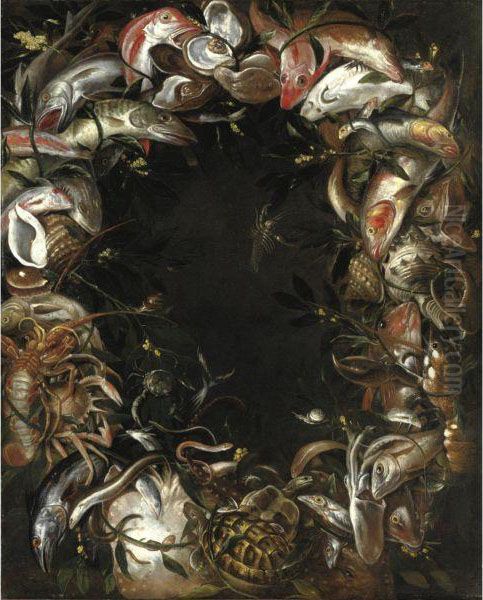 Corona Di Pesci, Crostacei, Molluschi E Una Tartaruga Oil Painting by Paolo Porpora