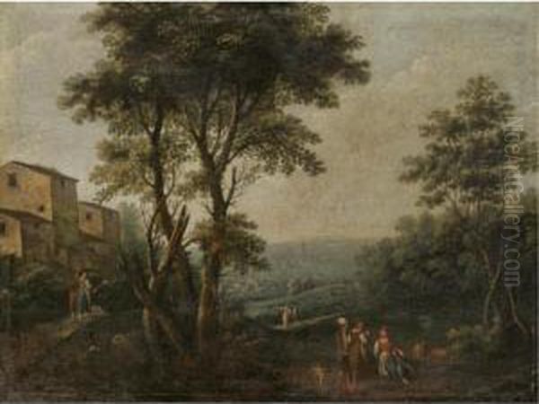 An Italianate Landscape With Figures Resting In The Foreground Oil Painting by Andrea Porta