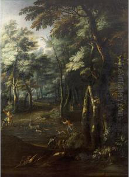 Paesaggio Boschivo Con Giovani Che Giocano A Palla Oil Painting by Tommaso Porta