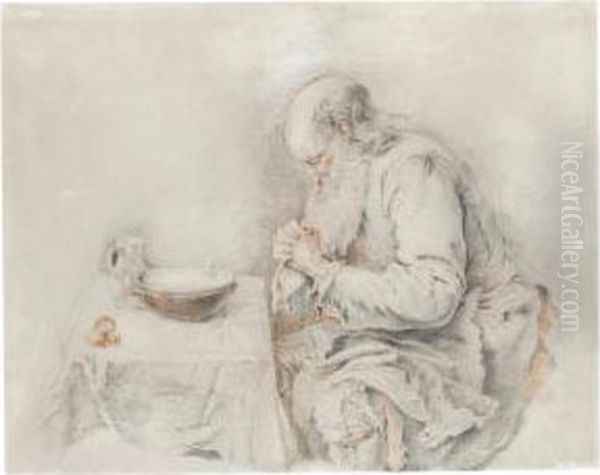 An Old Man Saying Grace Over His Simple Meal Oil Painting by Jacques-Andre Portail