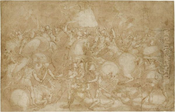 A Battle Scene Oil Painting by Carlo Portelli da Loro