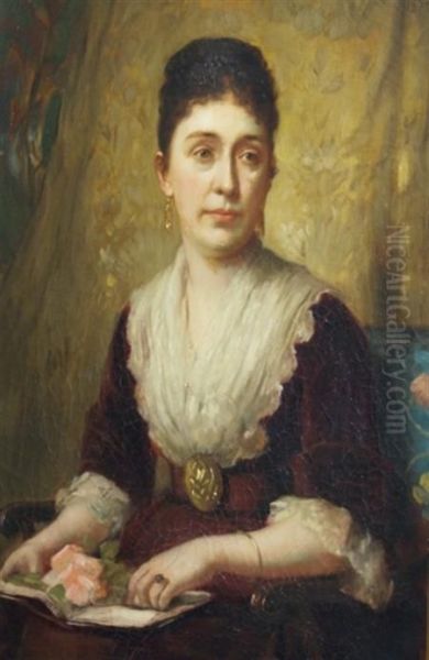 American, - Portrait Of Alady Holding A Rose Oil Painting by Benjamin Curtis Porter