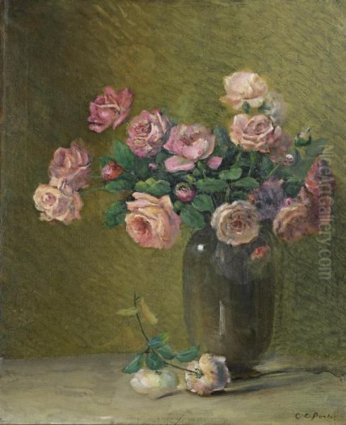 Pink Roses On A Table Oil Painting by Charles Ethan Porter