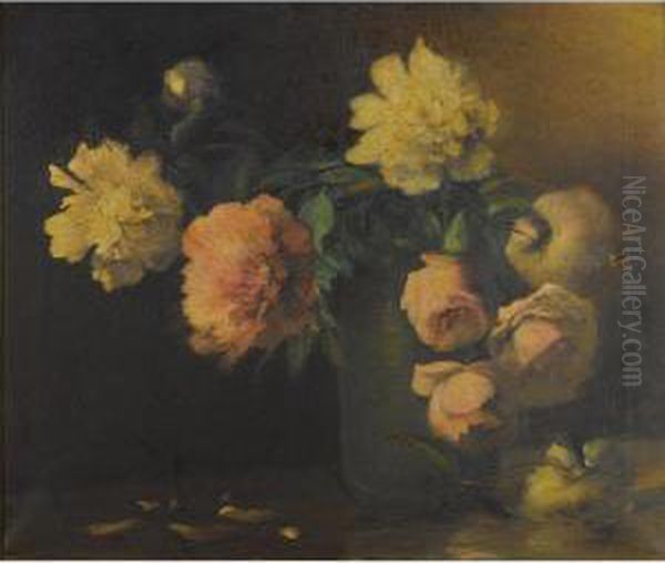 Peonies And Roses In A Green Vase Oil Painting by Charles Ethan Porter