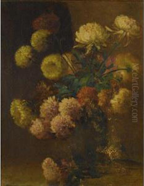 Mums In A Green Vase Oil Painting by Charles Ethan Porter