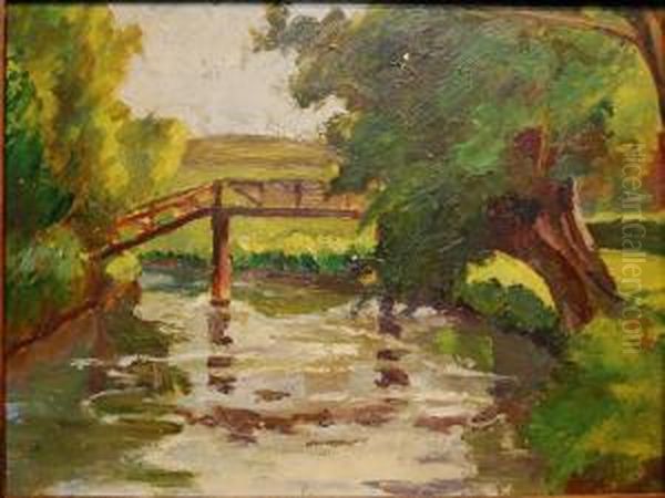 River With Wooden Bridgeabove Oil Painting by Frederick J. Porter