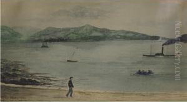 A Sailor Walking On A Sandy Cove, Steam Vessel And Men In Row Boat Oil Painting by Rufus Porter