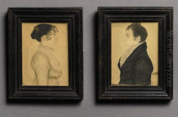 A Lady With Curls And Tortoiseshell Comb; A Gentleman With Tousled Hair: A Pair Of Miniature Profile Portraits Oil Painting by Rufus Porter