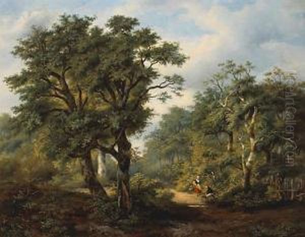 A Wooded Landscape With Figures On A Path Oil Painting by D. Portielje