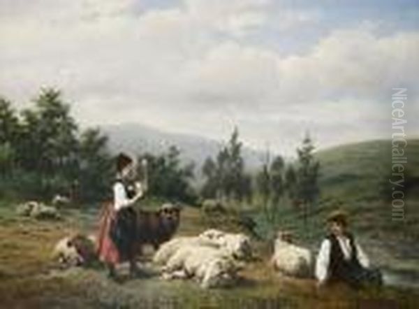 Pastoral Scene With Shepherds Oil Painting by Jan Frederik Pieter Portielje