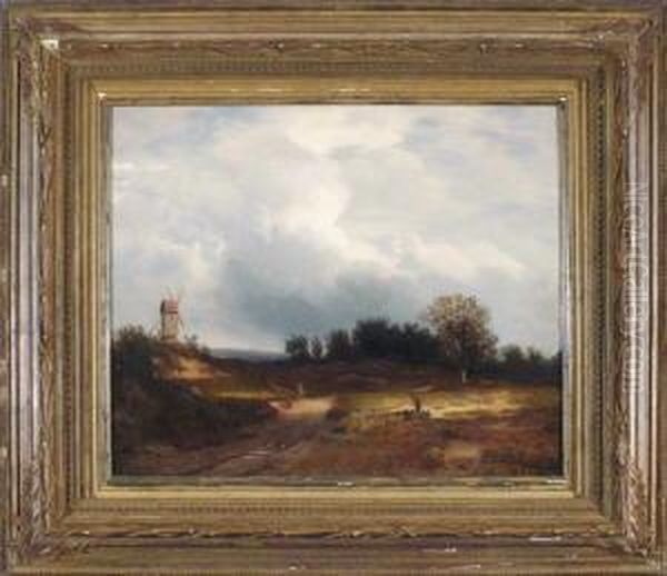 Bauerin Und Schafer In Baumbestandener Landschaft Mit Einer Windmuhle Links Oil Painting by Eduard Wilhelm Pose