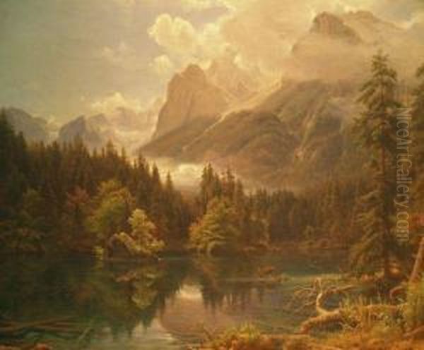 Deer Beside An Alpine Lake Oil Painting by Eduard Wilhelm Pose