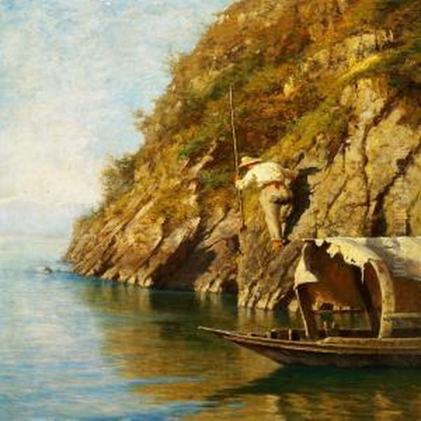 A Fisherman On A Steep Rock Looking For A Prey Oil Painting by Felix Possart