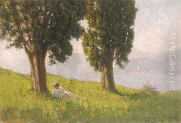 Liegender Knabe Mit Strohhut Im Schatten Einer Zypresse Vor Einem See In Hugeliger Landschaft Oil Painting by Felix Possart