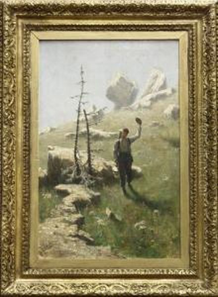 Hiker In An Alpine Landscape Oil Painting by Felix Possart