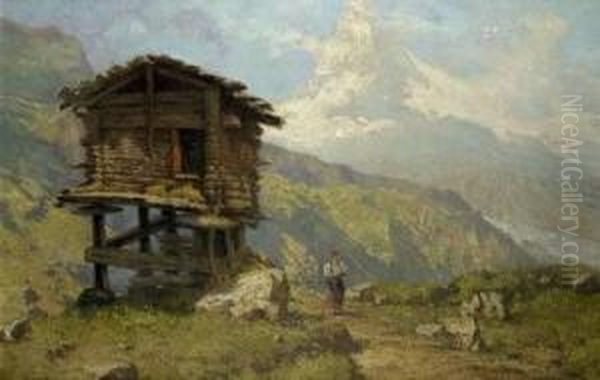 Das Matterhorn Von Der Riffelalp Aus Gesehen, Im Vordergrund Eine Junge Bauerin Bei Einem Heustadel Oil Painting by Felix Possart