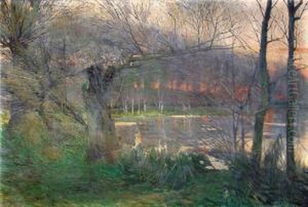 Bewaldetes Seeufer In Der Dammerung Oil Painting by Rudolf Possin