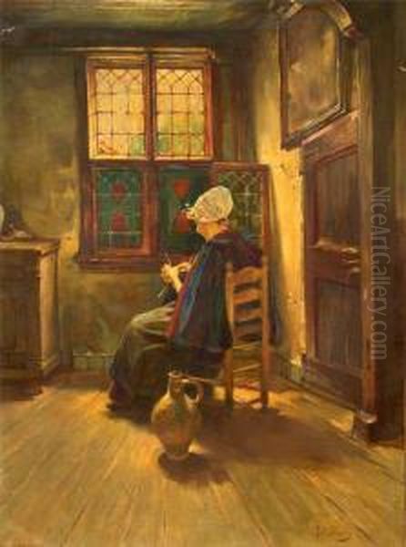 Stubeninterieur Mit Strickender Magd Oil Painting by Rudolf Possin