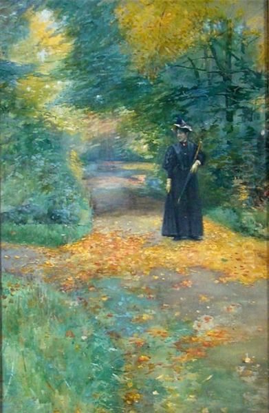 Spaziergangerin Auf Herbstlichem Parkweg Oil Painting by Rudolf Possin