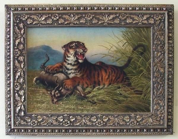 African Landscape With Tiger And Kudu Oil Painting by Hugo A. Possner