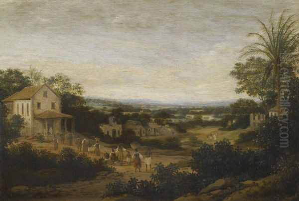 A Landscape In Brazil Looking Down On The Varzea, Europeans And Natives Approaching A Church In The Foreground Oil Painting by Frans Jansz. Post