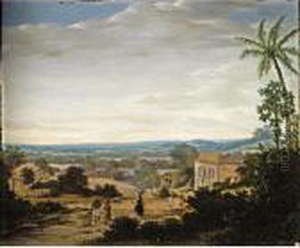 A Brazilian Landscape, With Natives And Slaves Near A Plantation House In A Village Oil Painting by Frans Jansz. Post