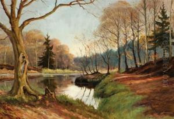 River Landscape In Autumn Oil Painting by William Merritt Post