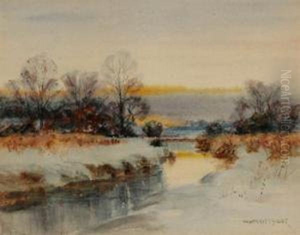 River Landscape, Winter Oil Painting by William Merritt Post