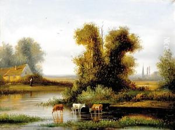 Cattle In Stream Oil Painting by Germain Postelle