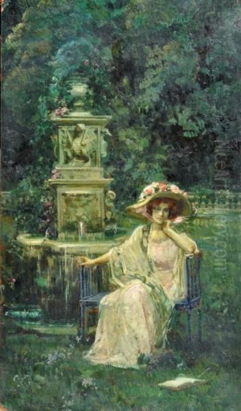 Figura In Giardino Alla Fontana Oil Painting by Luca Postiglione