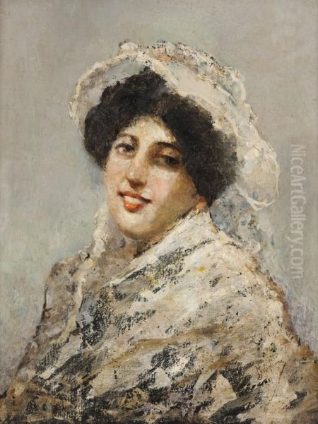 Ritratto Di Giovane Donna In Bianco Oil Painting by Salvatore Postiglione