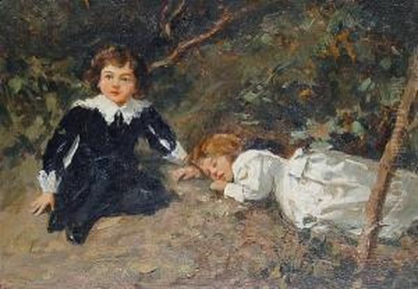 Children Resting In A Wood Oil Painting by Salvatore Postiglione