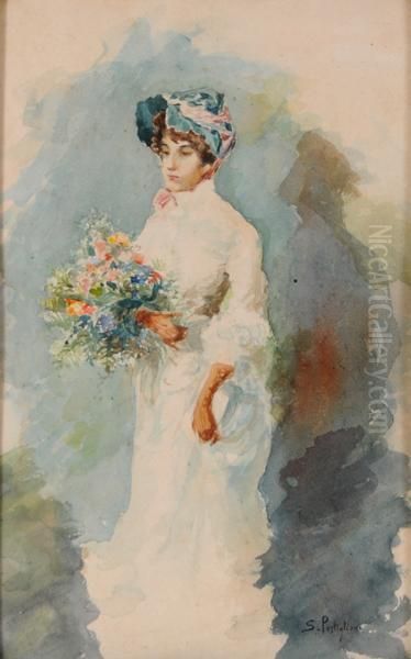 Gentildonna Con Mazzo Di Fiori Oil Painting by Salvatore Postiglione