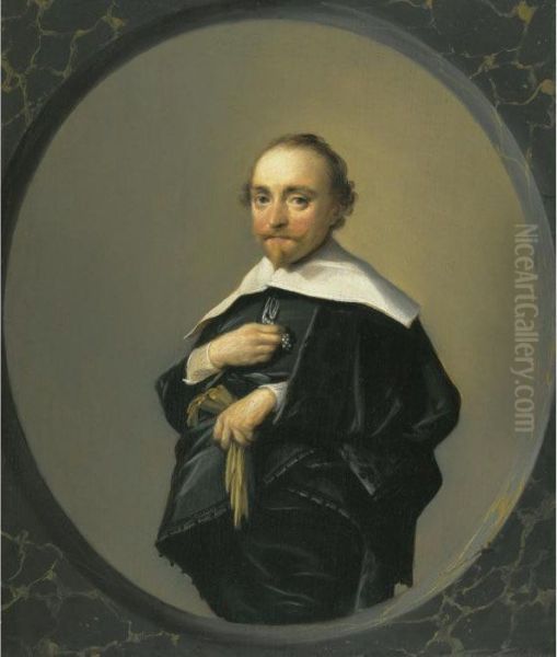 Portrait Of A Bearded Man Wearing A Black Coat With A Large White Collar, Holding A Pair Of Gloves Oil Painting by Hendrick Gerritsz. Pot