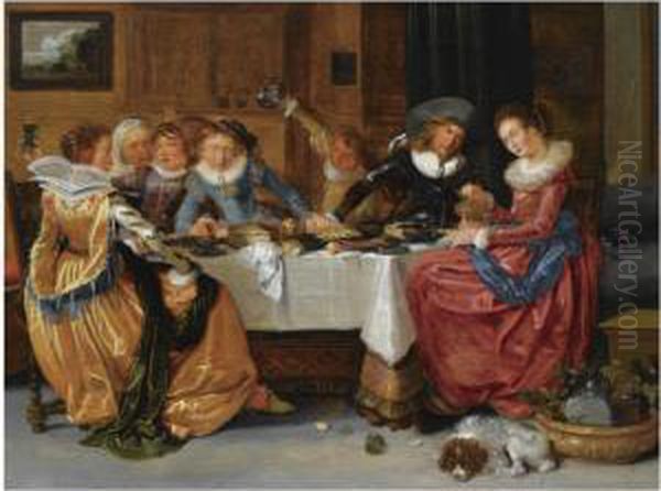 An Elegant Merry Company, Seated Around An Abundantly Laidtable, Drinking, In A Richly Decorated Interior Oil Painting by Hendrick Gerritsz. Pot