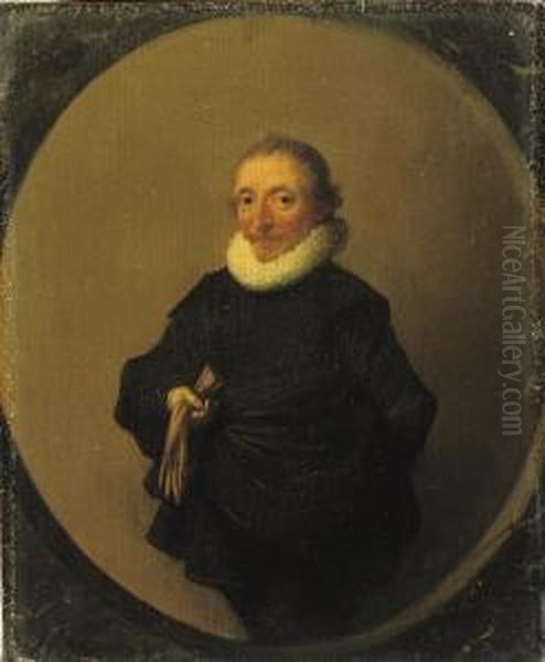 Portrait Of David De Moor, Three-quarter-length, In A Black Costumewith A White 'molensteenkraag', Holding A Pair Of Leather Gloves; Apainted Oval Oil Painting by Hendrick Gerritsz. Pot