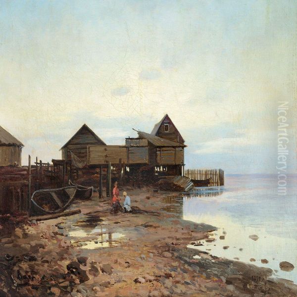 Early Morning At A Rocky Coast With Two Fishermen Doingtheir Nets Oil Painting by Mikhail Potapov