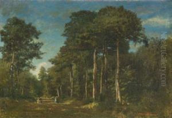 Elegantes Dans Une Allee De Sous-bois Oil Painting by Adolphe Theodore J. Potemont