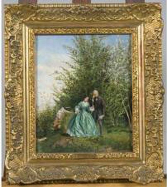 Couple Dans Le Parc Huile Sur Panneau Signee En Bas A Droite 28 by Adolphe Theodore J. Potemont