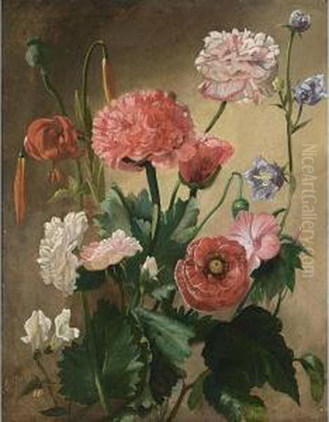 A Still Life With Carnations, Roses, A Peony, Larkspur, A Red Turban Cup Lily, A Poppy And Other Flowers Oil Painting by Pierre Saint-Ange Poterlet