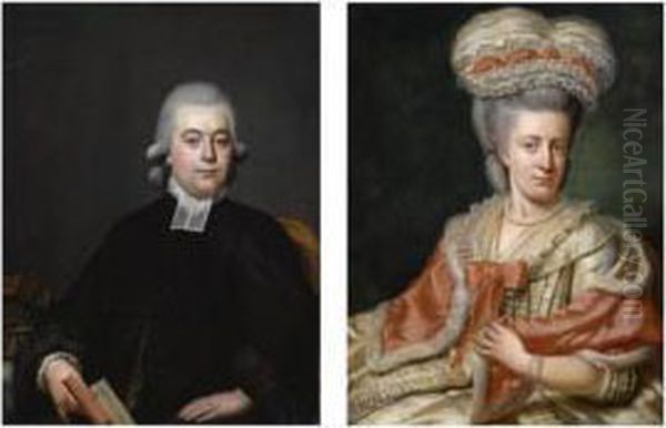 A Portrait Said To Be Of Jacob Henri Vernede (born 1754), Seated Half -length, Wearing A Black Coat With A White Collar, Holding A Book; A Portrait Said To Be Of His Wife, Petronella Jeanne Du Peyrou (born 1759), Seated Half-length, Wearing A White Dres Oil Painting by Hendrik Pothoven