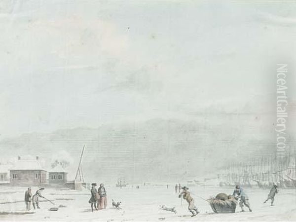 An Extensive Landscape With Figures Fishing And Skating On The Iceby A Frozen Port Oil Painting by Hendrik Pothoven