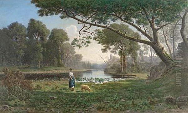 Femme Et Mouton Dans Un Paysage Avec Etang Oil Painting by Adolphe Potter