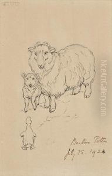 A Ewe And Lamb Meet A Duckling Oil Painting by Helen Beatrix Potter